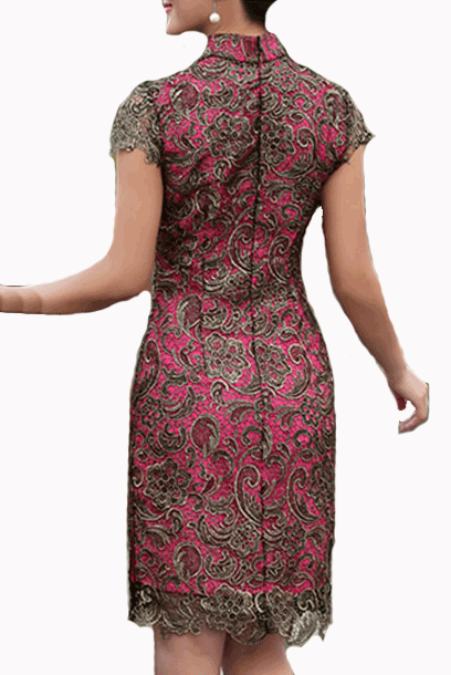 Cap Sleeves Gold Pink Lace Contrast Cheongsam