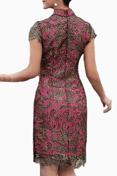 Cap Sleeves Gold Pink Lace Contrast Cheongsam