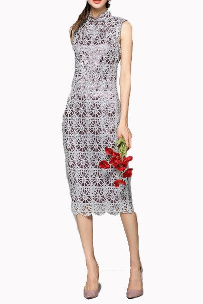 Gatsby Sleeveless Silver Lace Sequin Midi Cheongsam