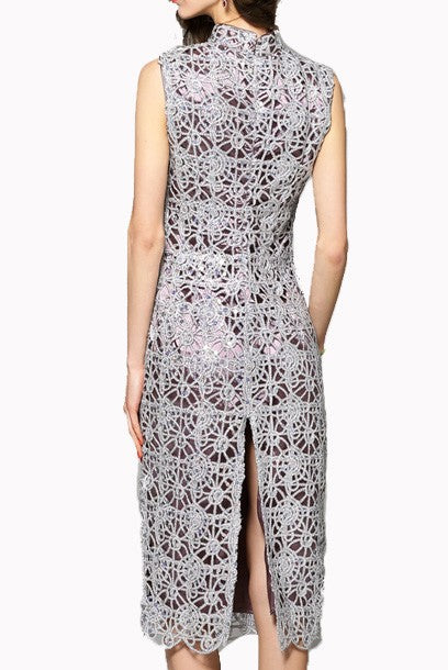 Gatsby Sleeveless Silver Lace Sequin Midi Cheongsam