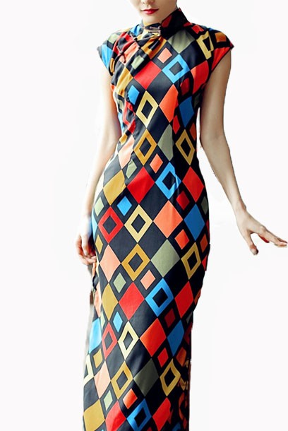 Raglan Sleeves Retro Geometric Prints Maxi Qipao Cheongsam