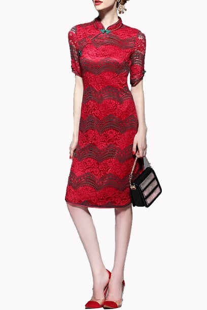 Short Sleeves Colourblock Lace Cheongsam
