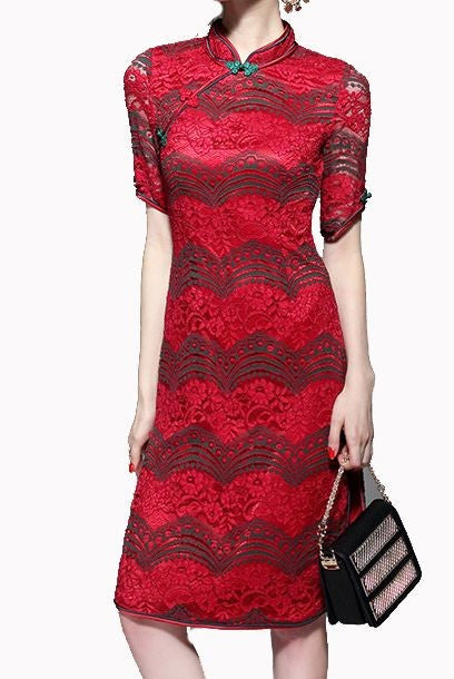 Short Sleeves Colourblock Lace Cheongsam