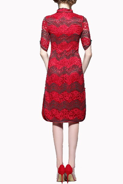 Short Sleeves Colourblock Lace Cheongsam