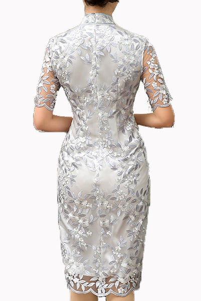 Short Sleeves Silver Embroidered Lace Qipao Cheongsam