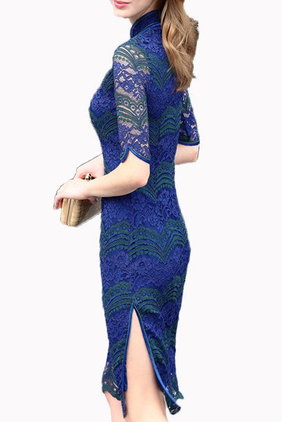 Short Sleeves Colourblock Lace Cheongsam