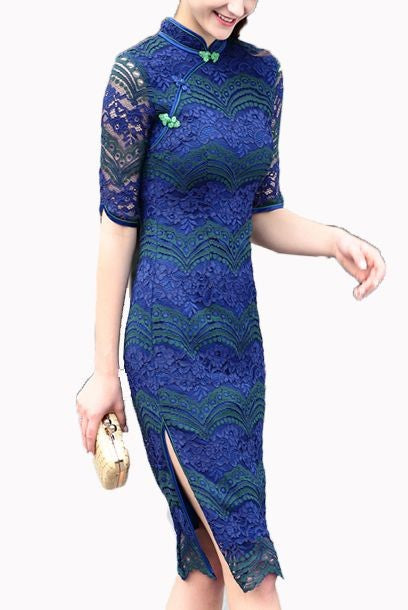 Short Sleeves Colourblock Lace Cheongsam