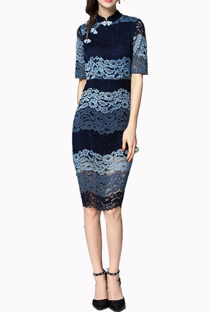 Short Sleeves Colourblock Lace Cheongsam