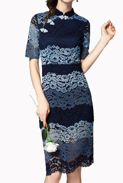 Short Sleeves Colourblock Lace Cheongsam
