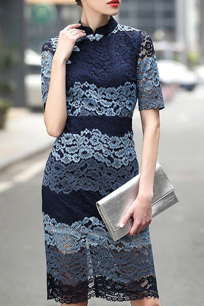 Short Sleeves Colourblock Lace Cheongsam