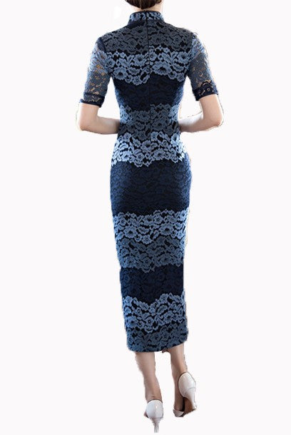 Short Sleeves Lace Colourblock Maxi Cheongsam