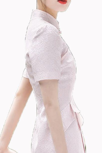 Asymmetrical Pink Lace Modern Mini Cheongsam Qipao