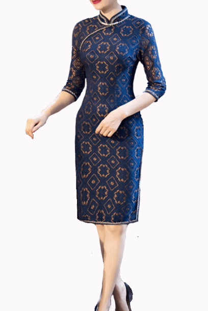 Elbow Sleeves Lace Embellished Cheongsam