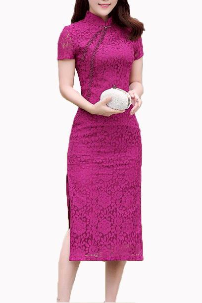 Short Sleeves Lace Midi Cheongsam