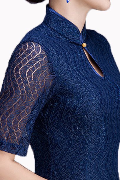 Short Sleeves Lace Midi Blue Sequin Cheongsam Qipao