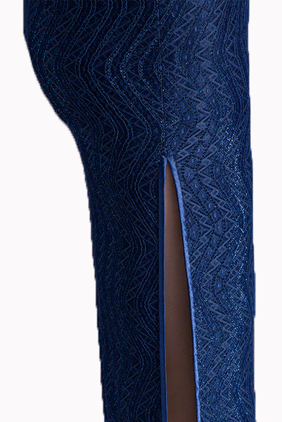Short Sleeves Lace Midi Blue Sequin Cheongsam Qipao