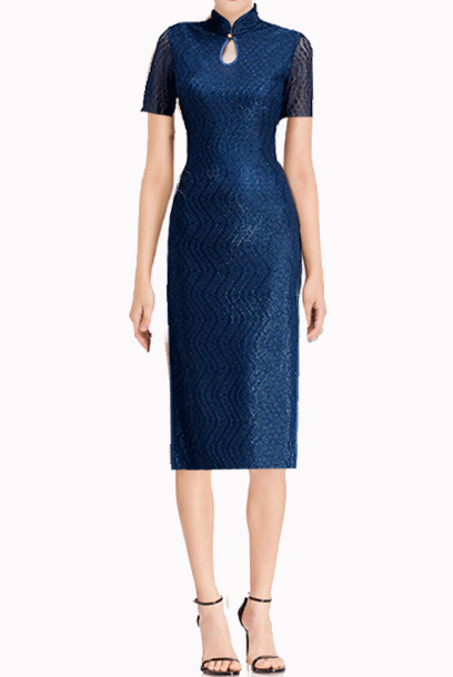Short Sleeves Lace Midi Blue Sequin Cheongsam Qipao