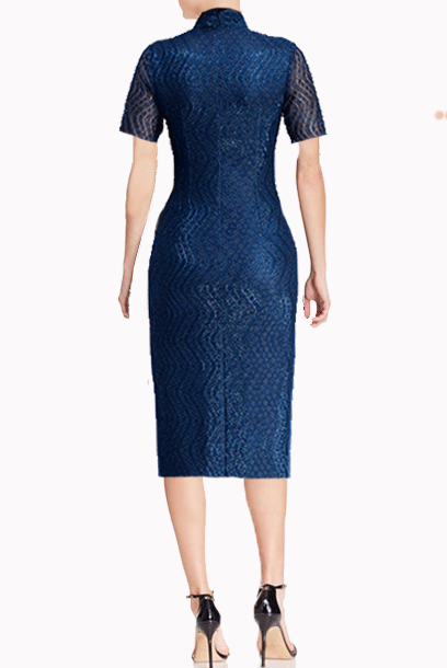 Short Sleeves Lace Midi Blue Sequin Cheongsam Qipao
