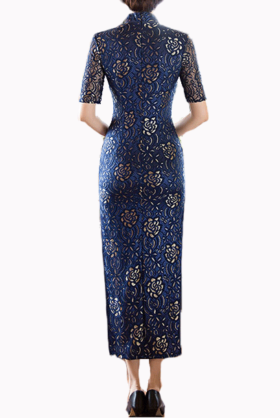 Short Sleeves Floral Lace Blue Maxi Cheongsam