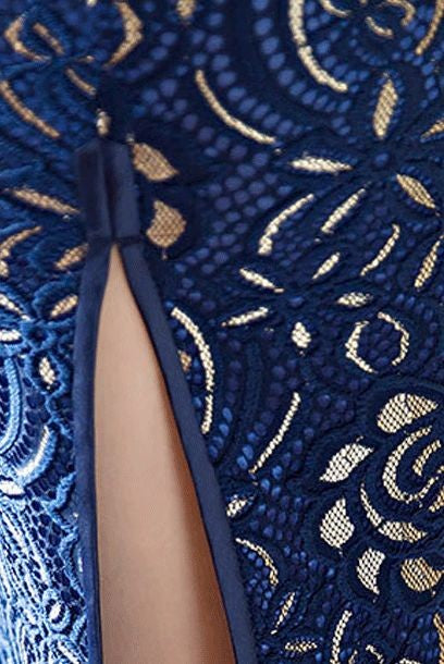 Short Sleeves Floral Lace Blue Maxi Cheongsam