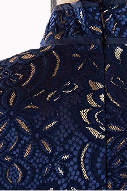 Short Sleeves Floral Lace Blue Maxi Cheongsam