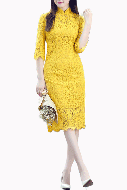 Elbow Sleeves Lace Cheongsam