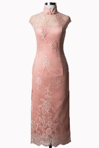 Cap Sleeves Pink Lace Maxi Wedding Cheongsam Qipao