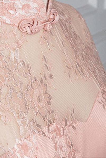Cap Sleeves Pink Lace Maxi Wedding Cheongsam Qipao