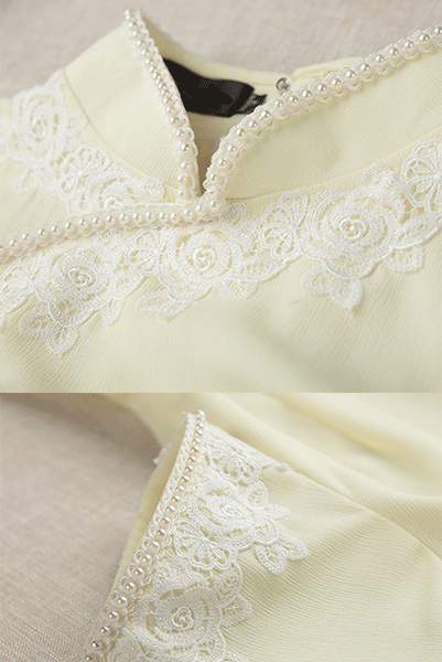 Short Sleeves Pearl Details Pastel Yellow Midi Cheongsam Qipao