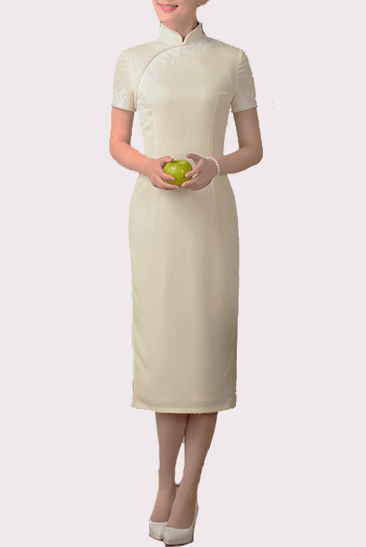 Short Sleeves Pearl Details Pastel Yellow Midi Cheongsam Qipao