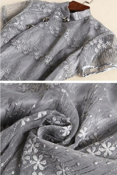 Short Sleeves Silver Floral Lace Qipao Cheongsam