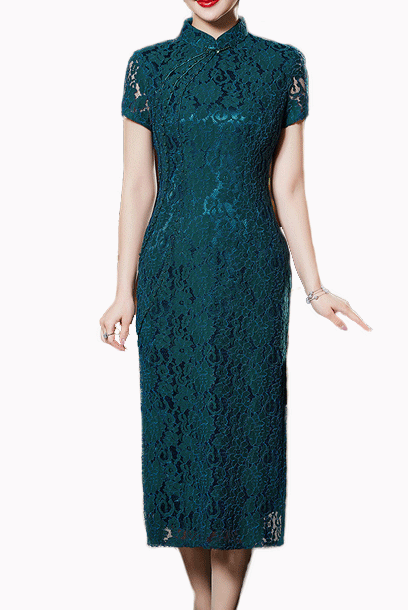 Short Sleeves Teal Lace Midi Cheongsam