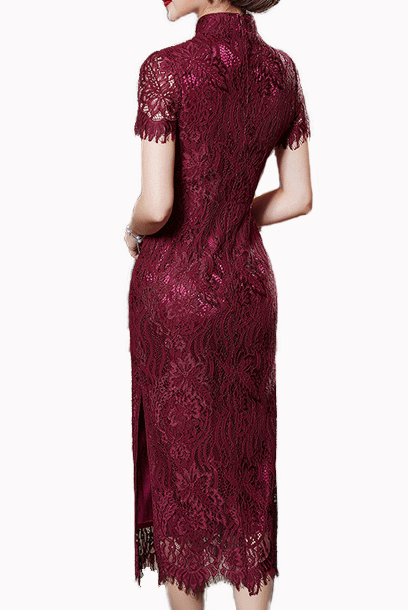 Short Sleeves Burgundy Lace Midi Cheongsam Qipao