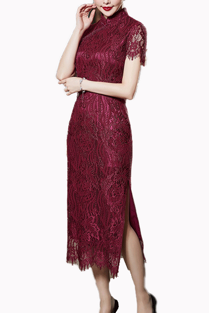Short Sleeves Burgundy Lace Midi Cheongsam Qipao