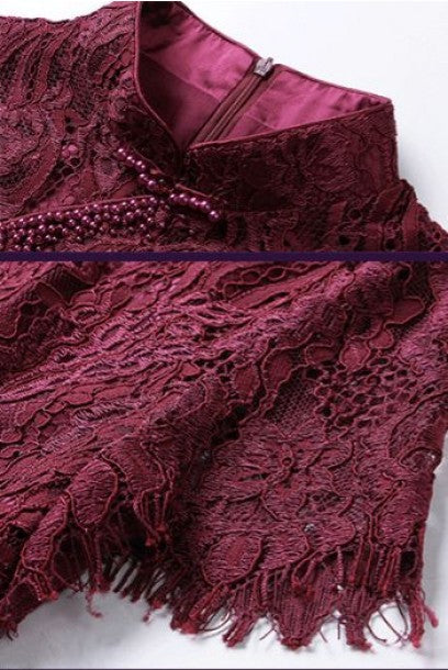 Short Sleeves Burgundy Lace Midi Cheongsam Qipao
