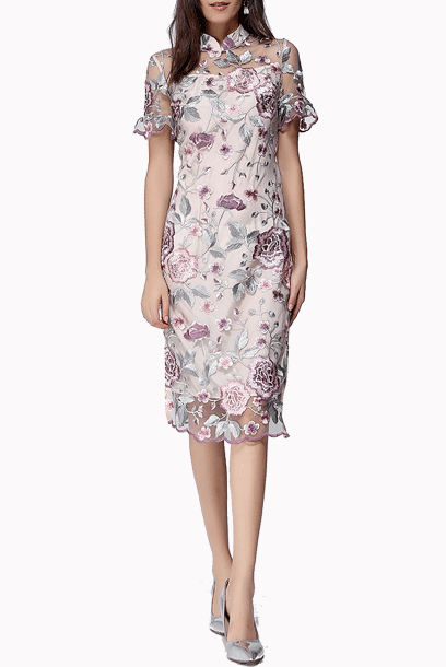 Short Sleeves Floral Embroidered Pink Cheongsam