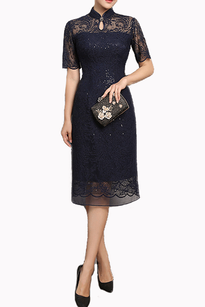 Short Sleeves Blue Sequin Lace Cheongsam
