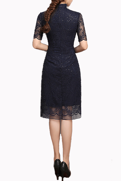 Short Sleeves Blue Sequin Lace Cheongsam