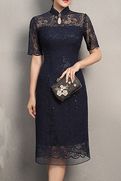 Short Sleeves Blue Sequin Lace Cheongsam