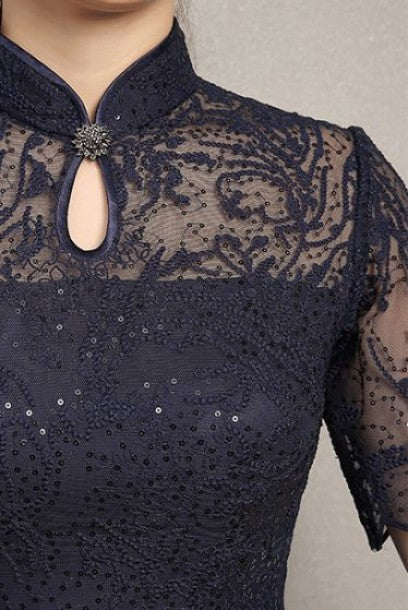 Short Sleeves Blue Sequin Lace Cheongsam