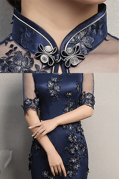 Plus Size Blue 3D Floral Embroiderd Qipao Cheongsam