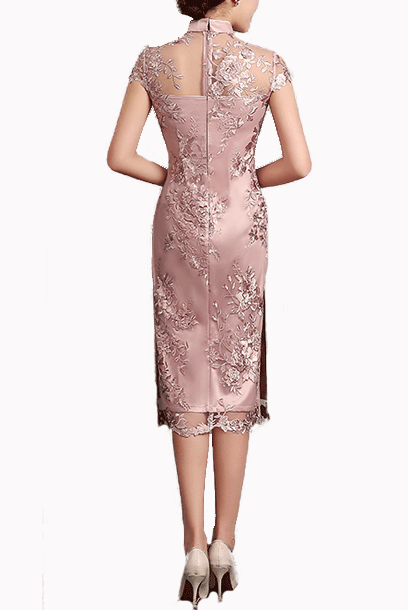 Cap Sleeves Pink Floral Embroidered Cheongsam