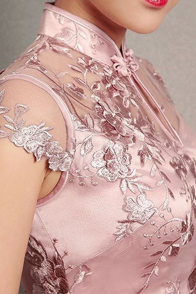 Cap Sleeves Pink Floral Embroidered Cheongsam