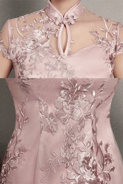 Cap Sleeves Pink Floral Embroidered Cheongsam