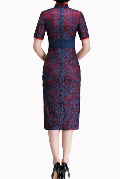 Short Sleeves Lace Contrast Cheongsam Qipao