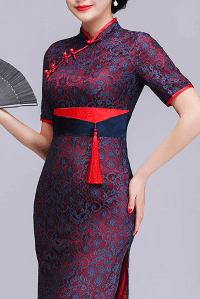 Short Sleeves Lace Contrast Cheongsam Qipao