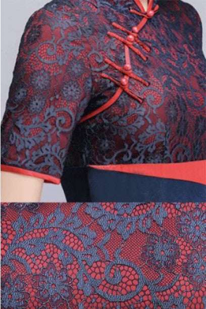 Short Sleeves Lace Contrast Cheongsam Qipao