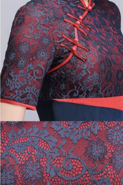 Short Sleeves Lace Contrast Cheongsam Qipao