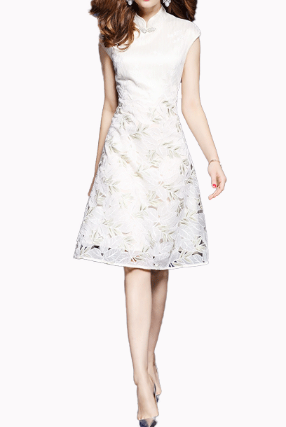 Cap Sleeves Champagne Skater Lace Cheongsam Dress