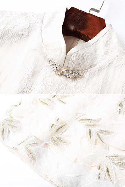Cap Sleeves Champagne Skater Lace Cheongsam Dress